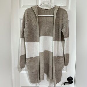Peyton Primrose SM Open Front Hooded Waffle Knit Cardigan Taupe White Stripe